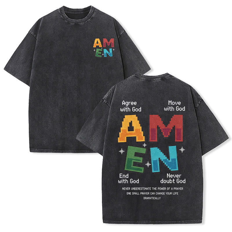 Christianartworkshop Amen Pixel Art Agree Move End Never Acronym Front And Back Print Washed T-Shirt