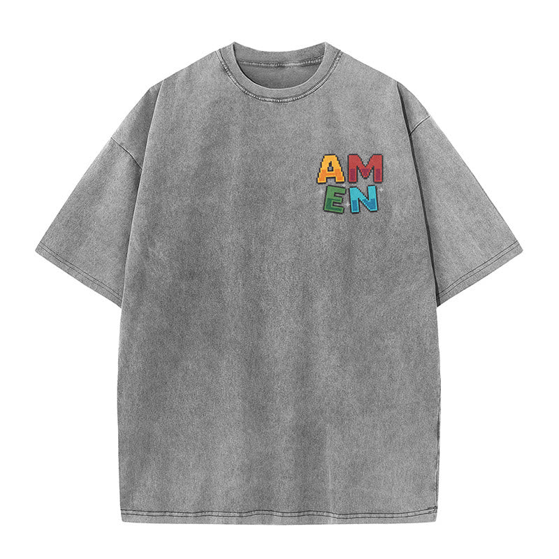 Christianartworkshop Amen Pixel Art Agree Move End Never Acronym Front And Back Print Washed T-Shirt