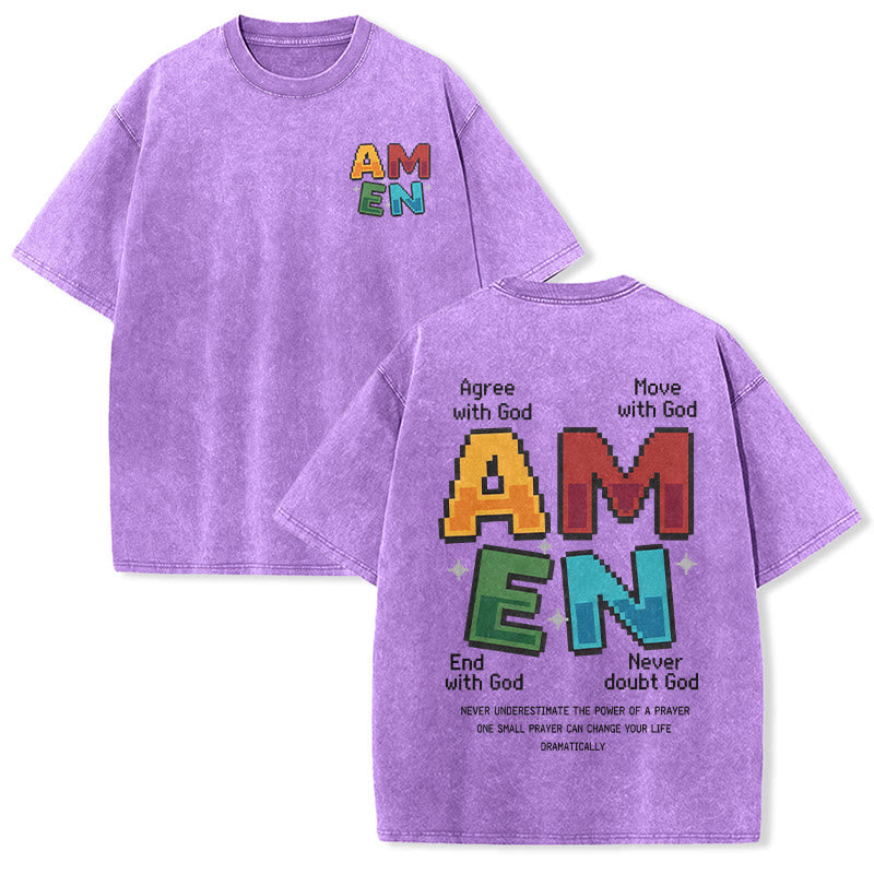 Christianartworkshop Amen Pixel Art Agree Move End Never Acronym Front And Back Print Washed T-Shirt