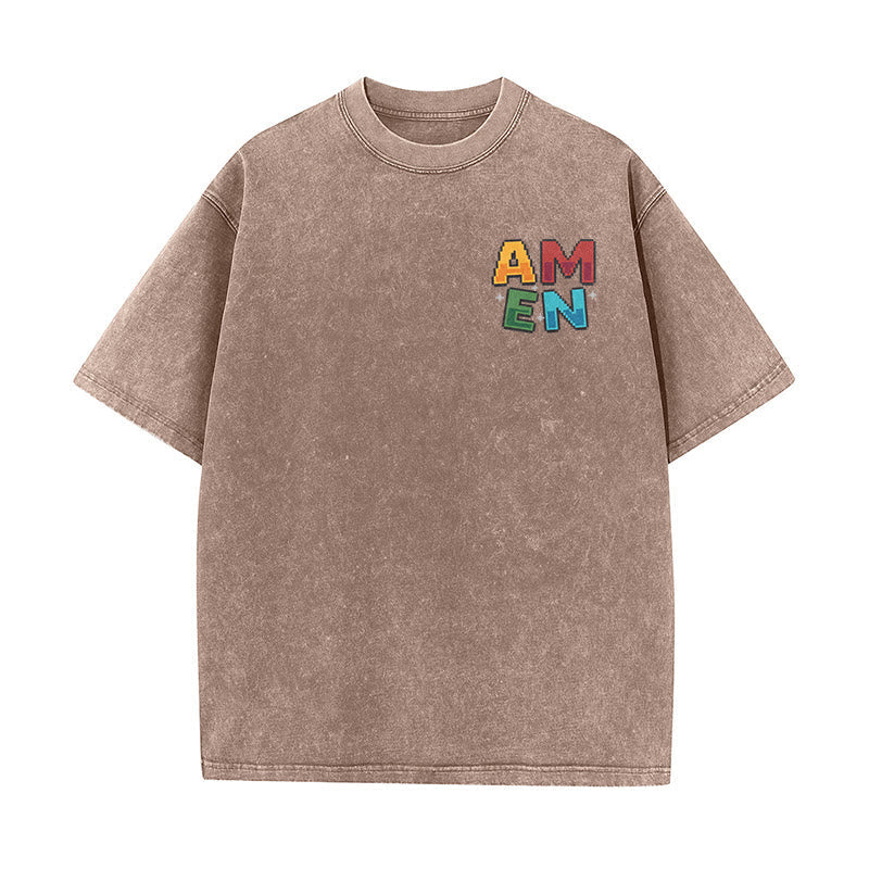 Christianartworkshop Amen Pixel Art Agree Move End Never Acronym Front And Back Print Washed T-Shirt