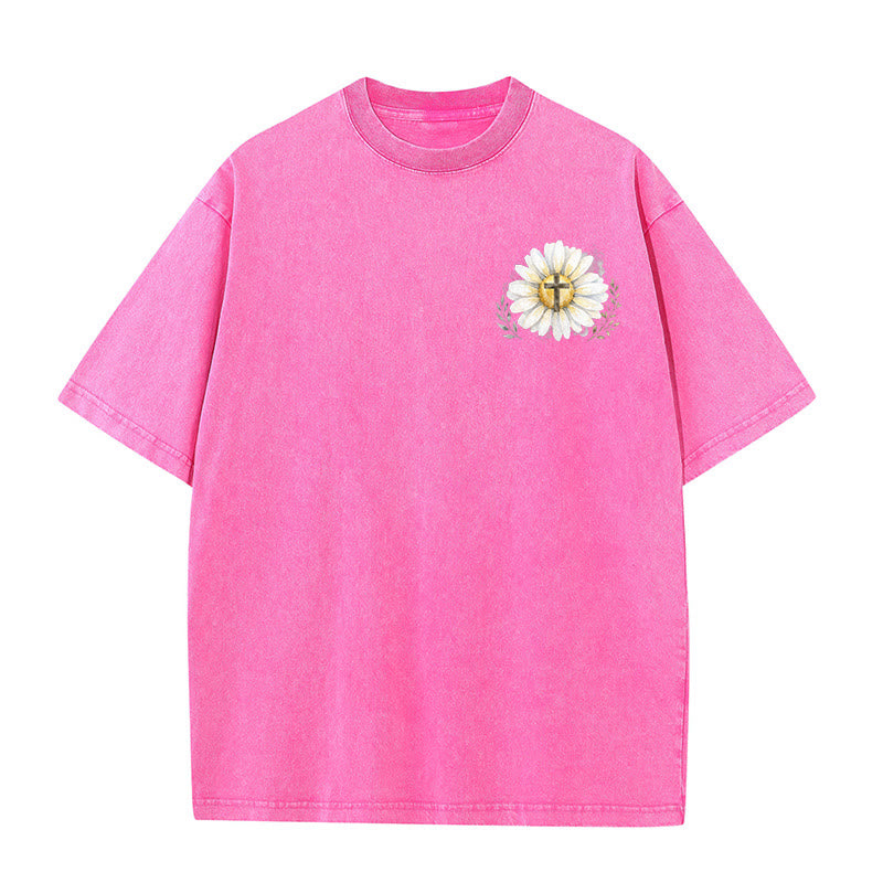 Christianartworkshop Jesus Saved My Life Watercolor Daisy Cross Front And Back Print Washed T-Shirt