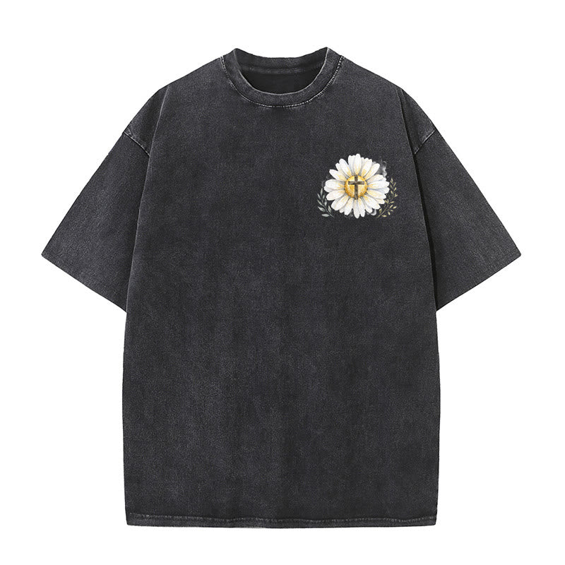 Christianartworkshop Jesus Saved My Life Watercolor Daisy Cross Front And Back Print Washed T-Shirt