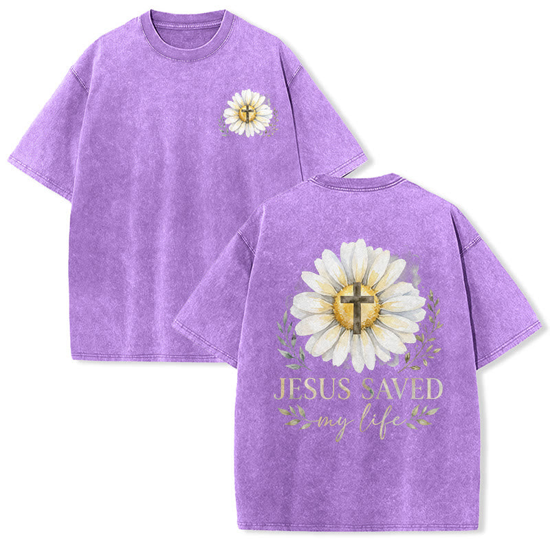 Christianartworkshop Jesus Saved My Life Watercolor Daisy Cross Front And Back Print Washed T-Shirt