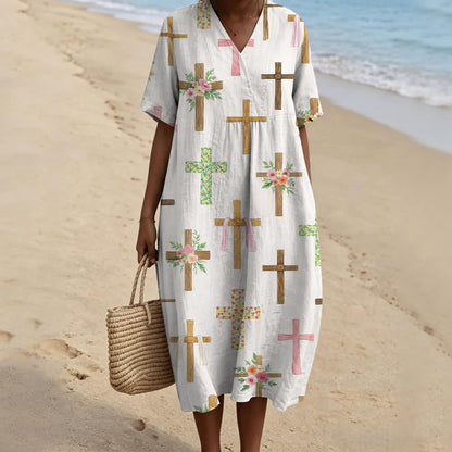 Christianartworkshop Floral Cross Print V-Neck Short Sleeve Midi Dress