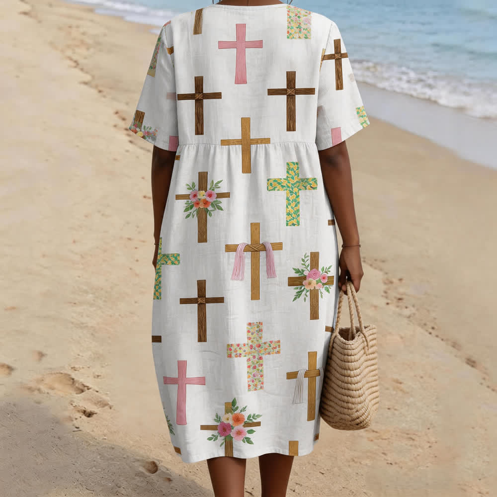 Christianartworkshop Floral Cross Print V-Neck Short Sleeve Midi Dress