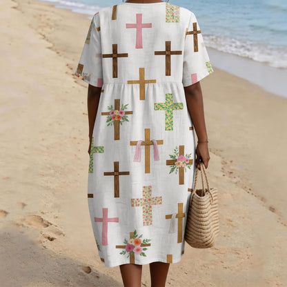 Christianartworkshop Floral Cross Print V-Neck Short Sleeve Midi Dress