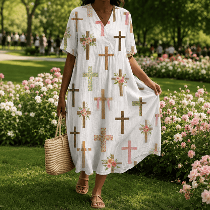 Christianartworkshop Floral Cross Print V-Neck Short Sleeve Midi Dress