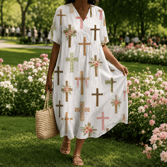 Christianartworkshop Floral Cross Print V-Neck Short Sleeve Midi Dress