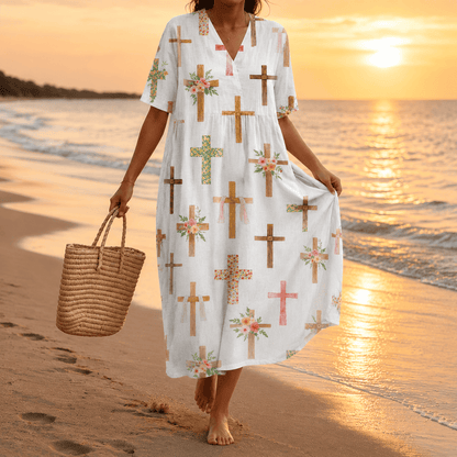 Christianartworkshop Floral Cross Print V-Neck Short Sleeve Midi Dress