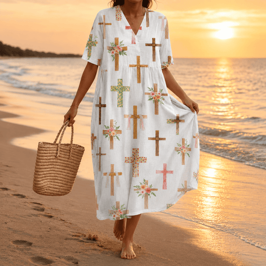 Christianartworkshop Floral Cross Print V-Neck Short Sleeve Midi Dress