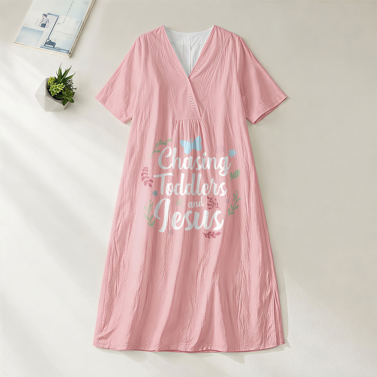Christianartworkshop "Chasing Toddlers and Jesus" Floral & Butterfly Print V-Neck Short Sleeve Midi Dress