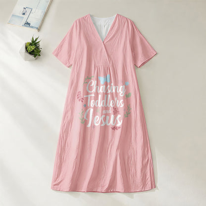 Christianartworkshop "Chasing Toddlers and Jesus" Floral & Butterfly Print V-Neck Short Sleeve Midi Dress