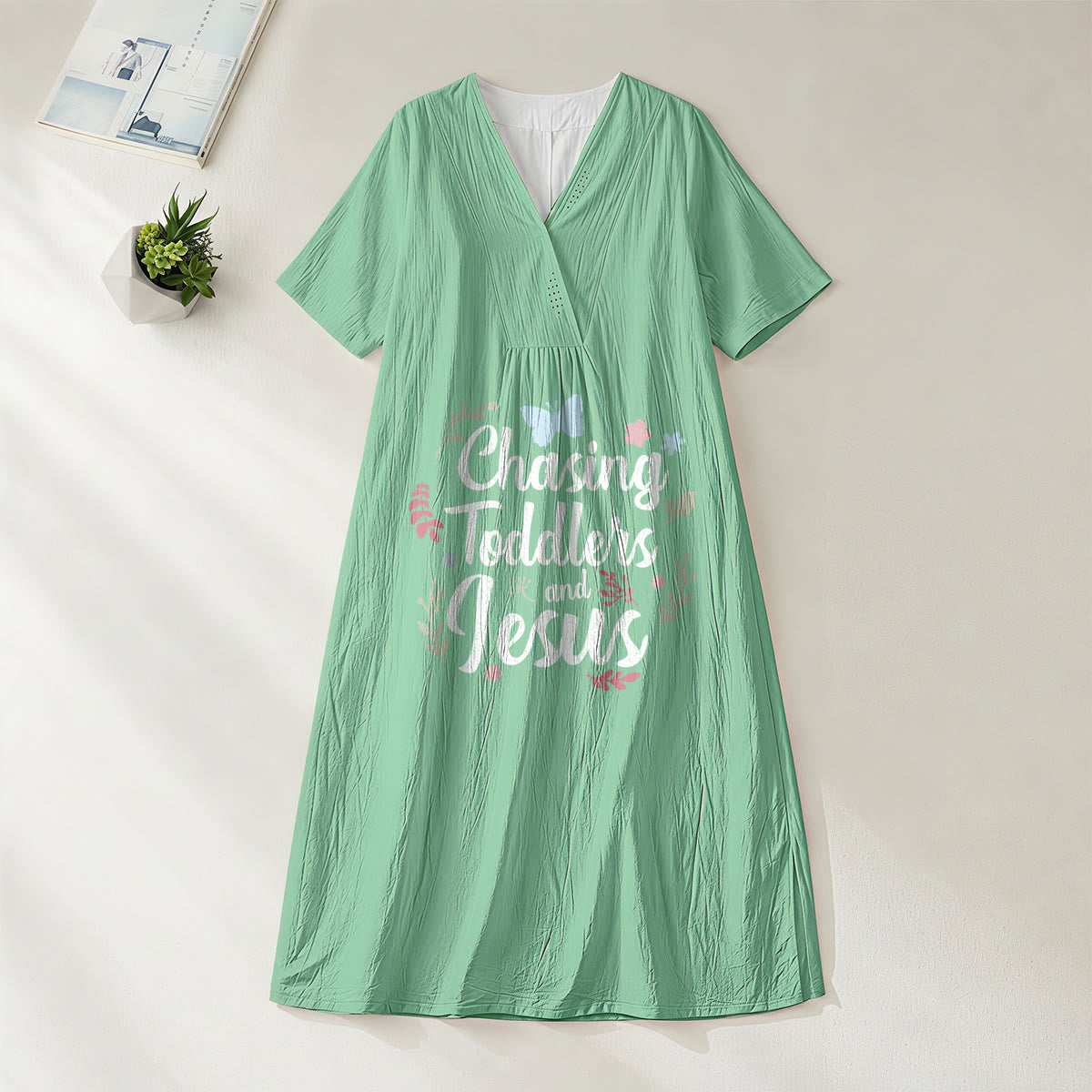 Christianartworkshop "Chasing Toddlers and Jesus" Floral & Butterfly Print V-Neck Short Sleeve Midi Dress