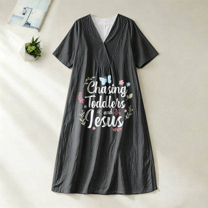 Christianartworkshop "Chasing Toddlers and Jesus" Floral & Butterfly Print V-Neck Short Sleeve Midi Dress