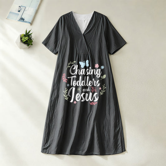 Christianartworkshop "Chasing Toddlers and Jesus" Floral & Butterfly Print V-Neck Short Sleeve Midi Dress