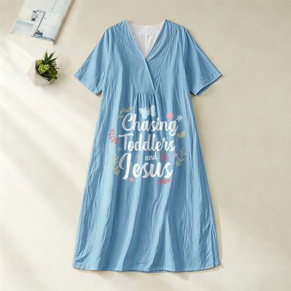 Christianartworkshop "Chasing Toddlers and Jesus" Floral & Butterfly Print V-Neck Short Sleeve Midi Dress