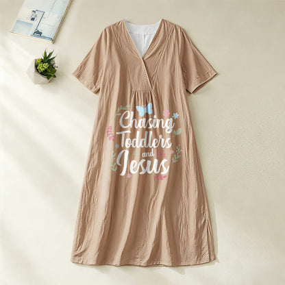 Christianartworkshop "Chasing Toddlers and Jesus" Floral & Butterfly Print V-Neck Short Sleeve Midi Dress