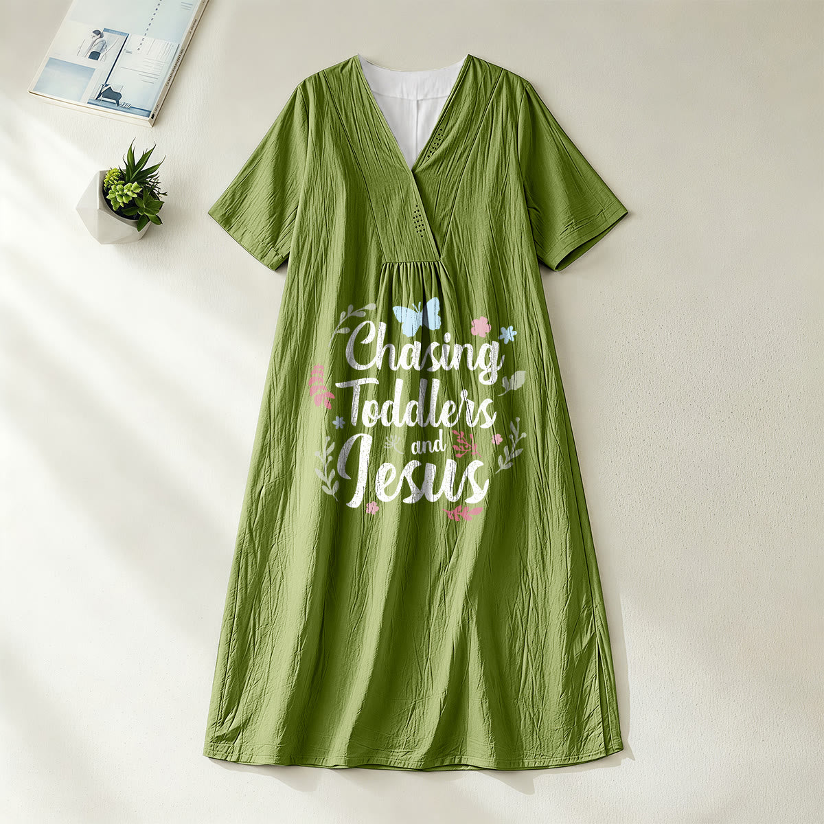 Christianartworkshop "Chasing Toddlers and Jesus" Floral & Butterfly Print V-Neck Short Sleeve Midi Dress