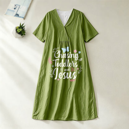 Christianartworkshop "Chasing Toddlers and Jesus" Floral & Butterfly Print V-Neck Short Sleeve Midi Dress