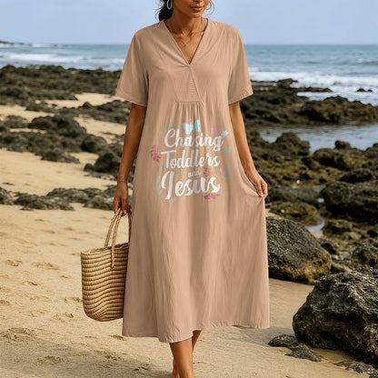 Christianartworkshop "Chasing Toddlers and Jesus" Floral & Butterfly Print V-Neck Short Sleeve Midi Dress