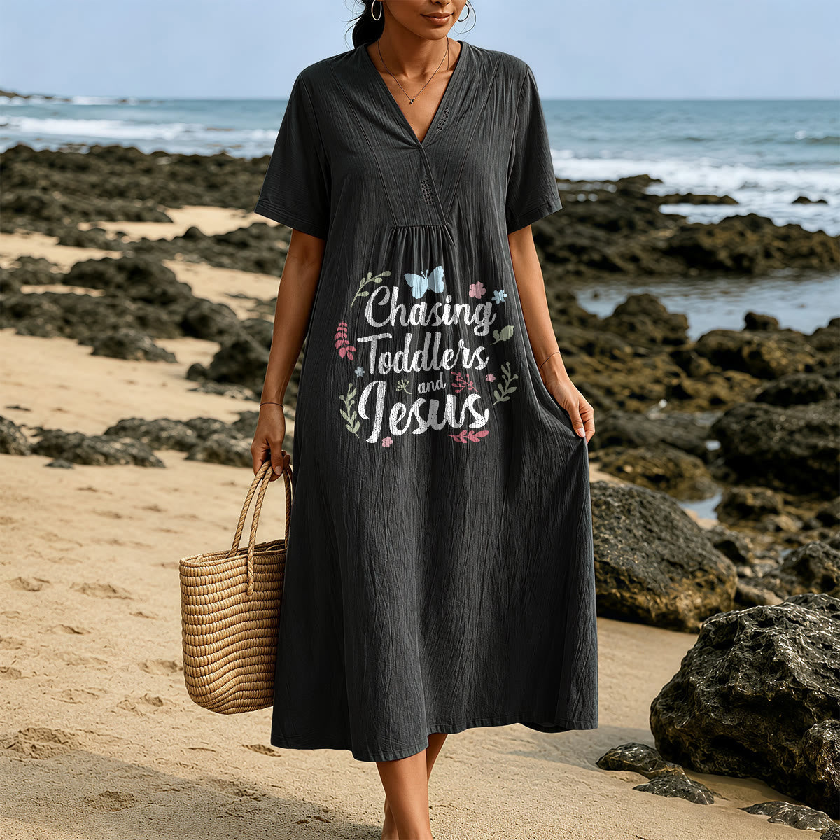 Christianartworkshop "Chasing Toddlers and Jesus" Floral & Butterfly Print V-Neck Short Sleeve Midi Dress