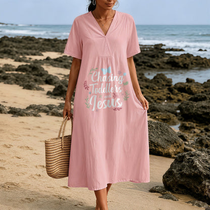 Christianartworkshop "Chasing Toddlers and Jesus" Floral & Butterfly Print V-Neck Short Sleeve Midi Dress