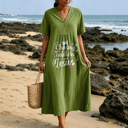 Christianartworkshop "Chasing Toddlers and Jesus" Floral & Butterfly Print V-Neck Short Sleeve Midi Dress