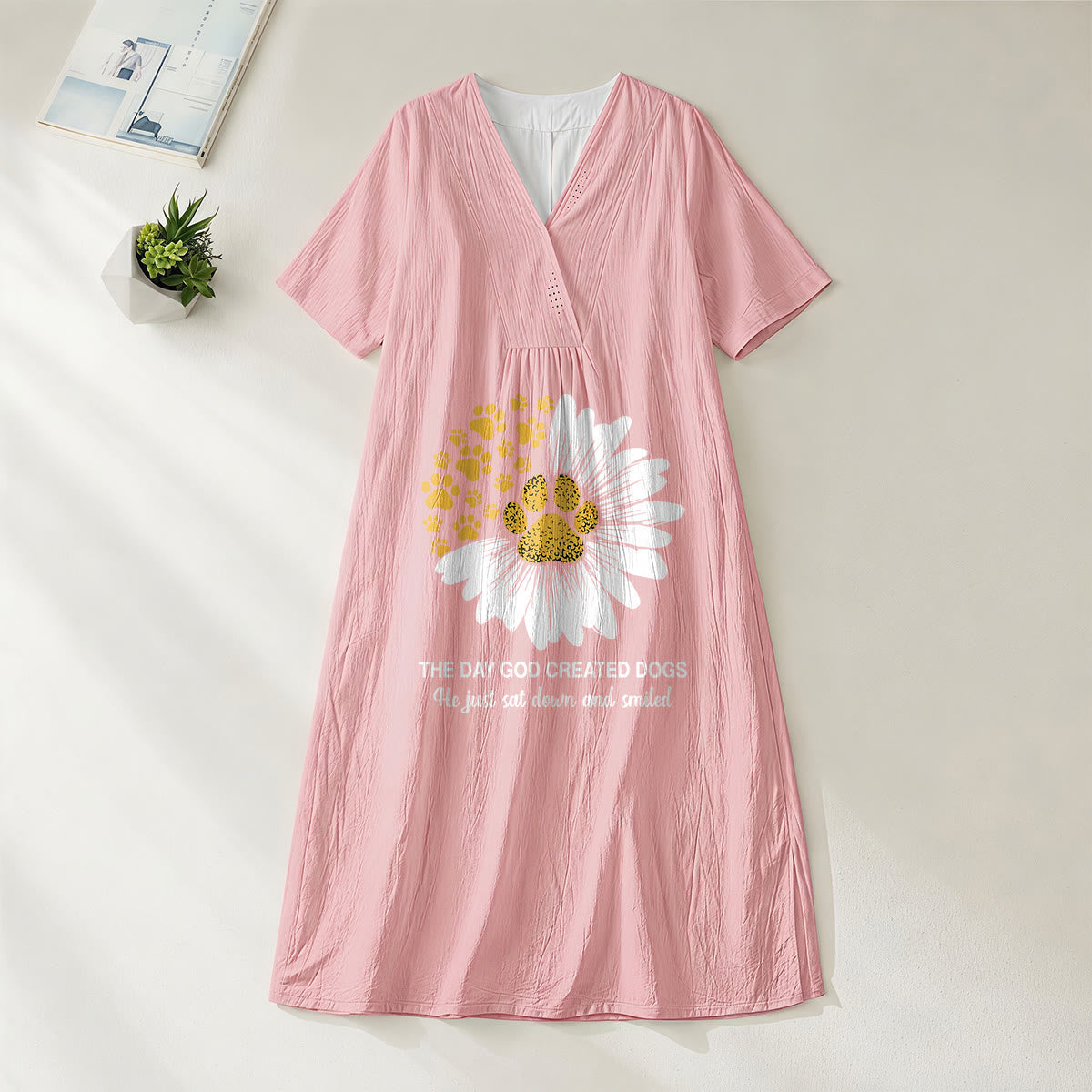 Christianartworkshop The Day God Created Dogs Daisy & Paw Print V-Neck Short Sleeve Midi Dress