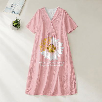 Christianartworkshop The Day God Created Dogs Daisy & Paw Print V-Neck Short Sleeve Midi Dress