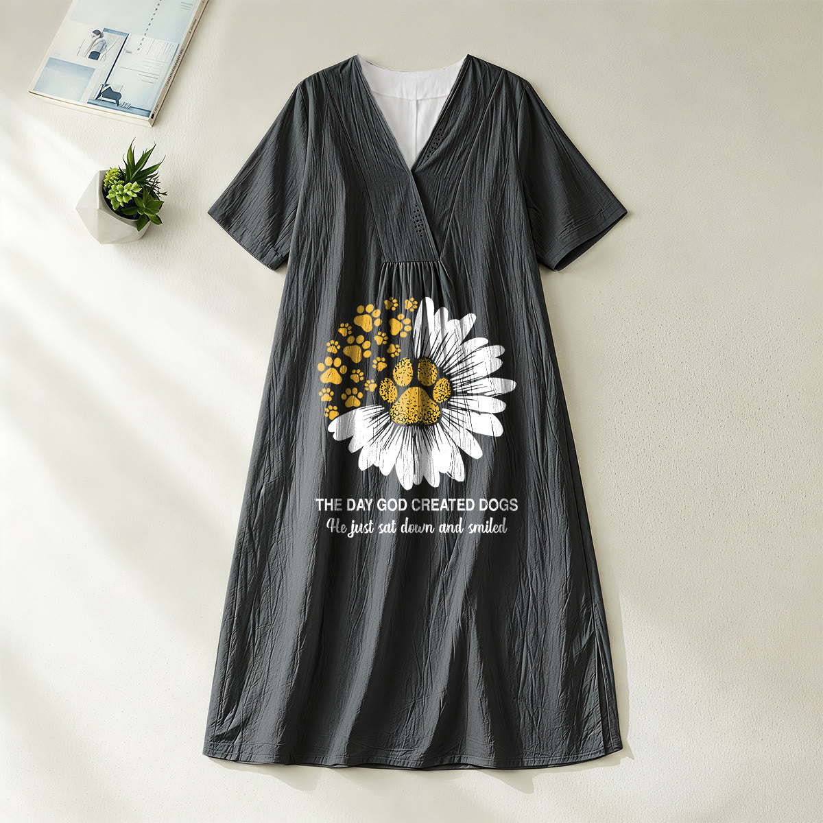 Christianartworkshop The Day God Created Dogs Daisy & Paw Print V-Neck Short Sleeve Midi Dress