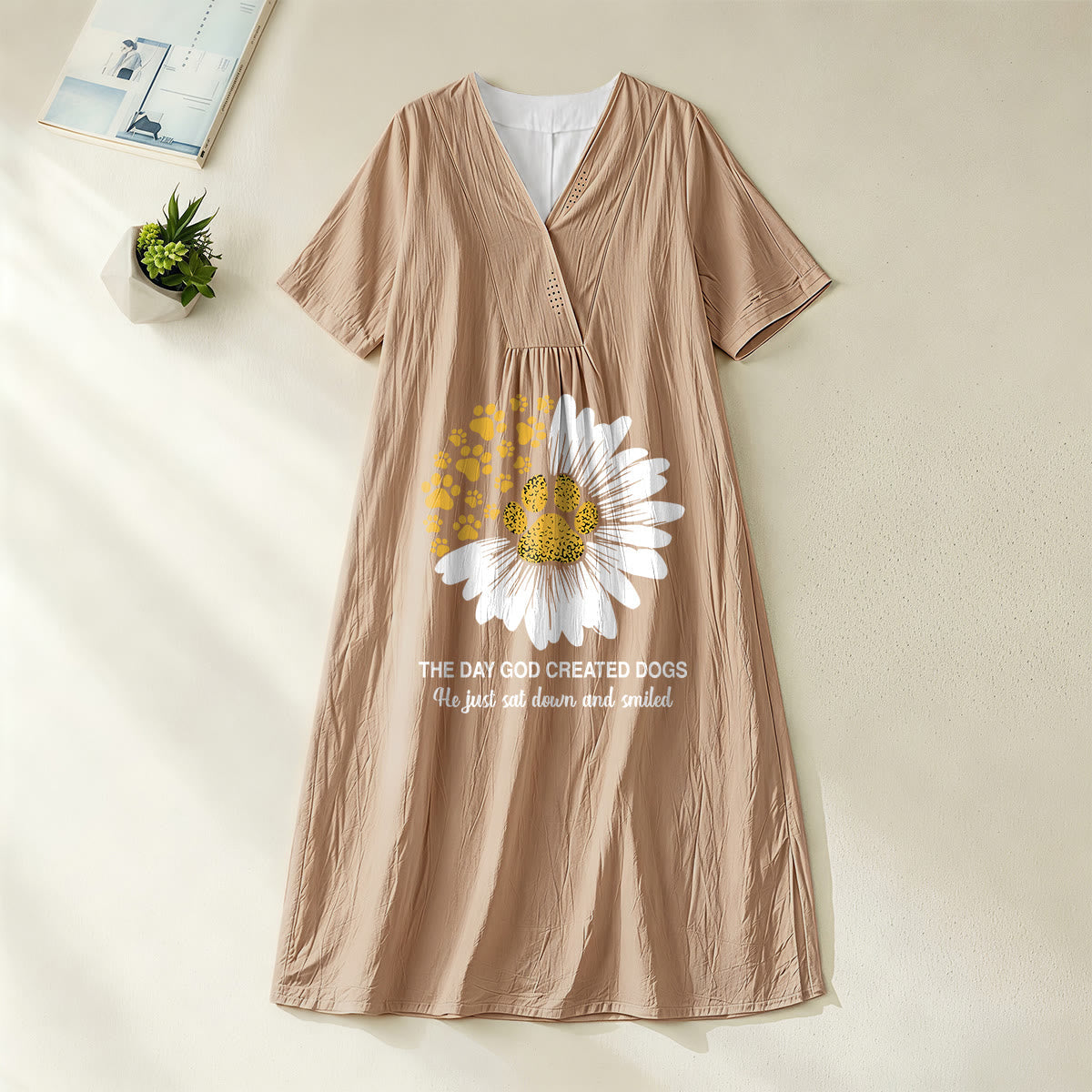 Christianartworkshop The Day God Created Dogs Daisy & Paw Print V-Neck Short Sleeve Midi Dress