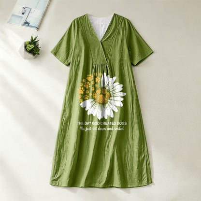 Christianartworkshop The Day God Created Dogs Daisy & Paw Print V-Neck Short Sleeve Midi Dress