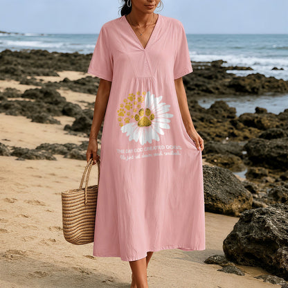 Christianartworkshop The Day God Created Dogs Daisy & Paw Print V-Neck Short Sleeve Midi Dress
