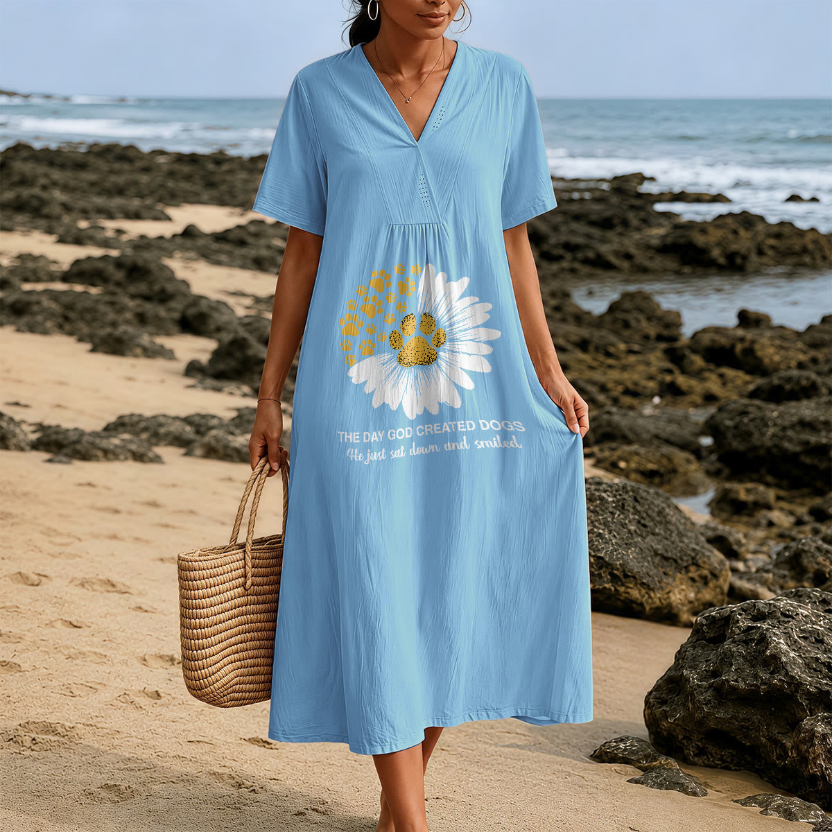 Christianartworkshop The Day God Created Dogs Daisy & Paw Print V-Neck Short Sleeve Midi Dress