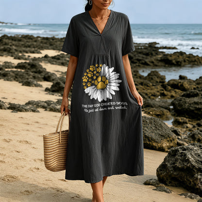 Christianartworkshop The Day God Created Dogs Daisy & Paw Print V-Neck Short Sleeve Midi Dress