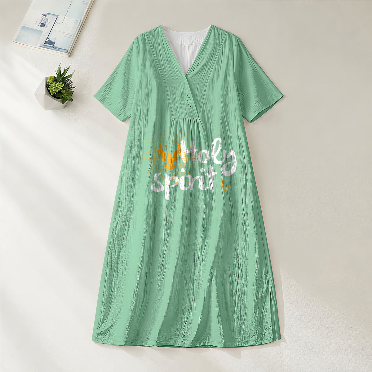 Christianartworkshop "Holy Spirit" Dove & Sunburst Print V-Neck Short Sleeve Midi Dress