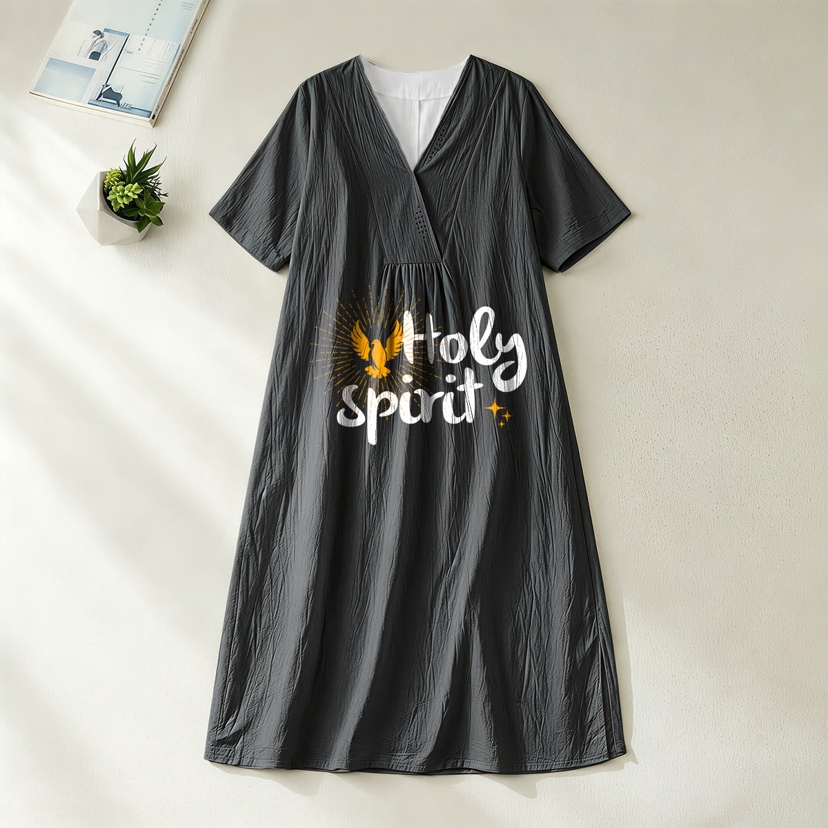Christianartworkshop "Holy Spirit" Dove & Sunburst Print V-Neck Short Sleeve Midi Dress