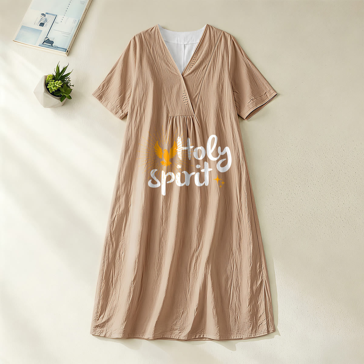 Christianartworkshop "Holy Spirit" Dove & Sunburst Print V-Neck Short Sleeve Midi Dress