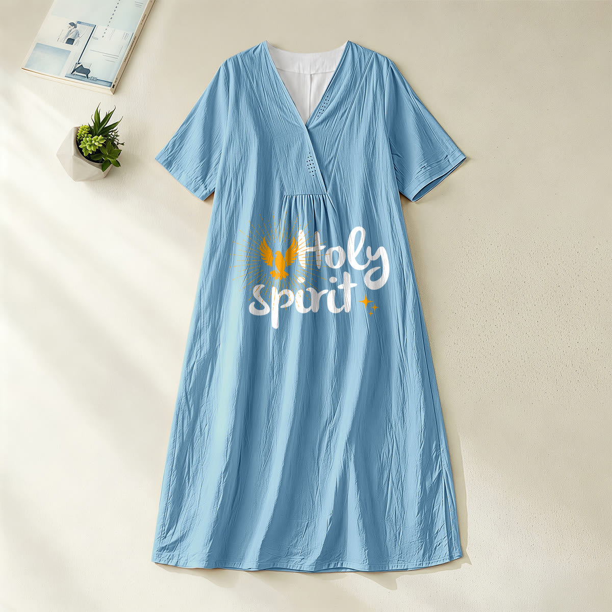 Christianartworkshop "Holy Spirit" Dove & Sunburst Print V-Neck Short Sleeve Midi Dress