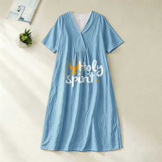 Christianartworkshop "Holy Spirit" Dove & Sunburst Print V-Neck Short Sleeve Midi Dress
