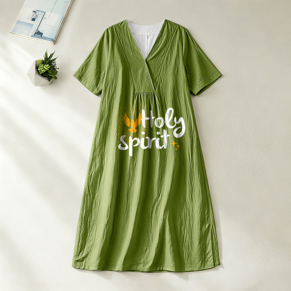 Christianartworkshop "Holy Spirit" Dove & Sunburst Print V-Neck Short Sleeve Midi Dress