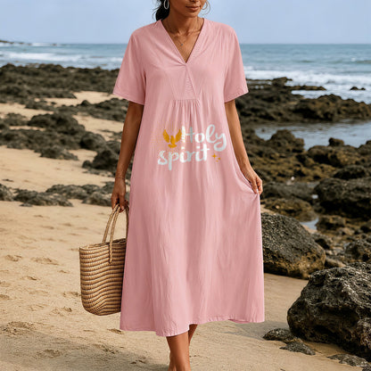 Christianartworkshop "Holy Spirit" Dove & Sunburst Print V-Neck Short Sleeve Midi Dress