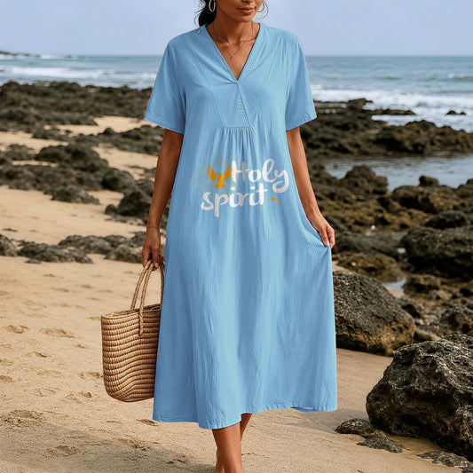 Christianartworkshop "Holy Spirit" Dove & Sunburst Print V-Neck Short Sleeve Midi Dress