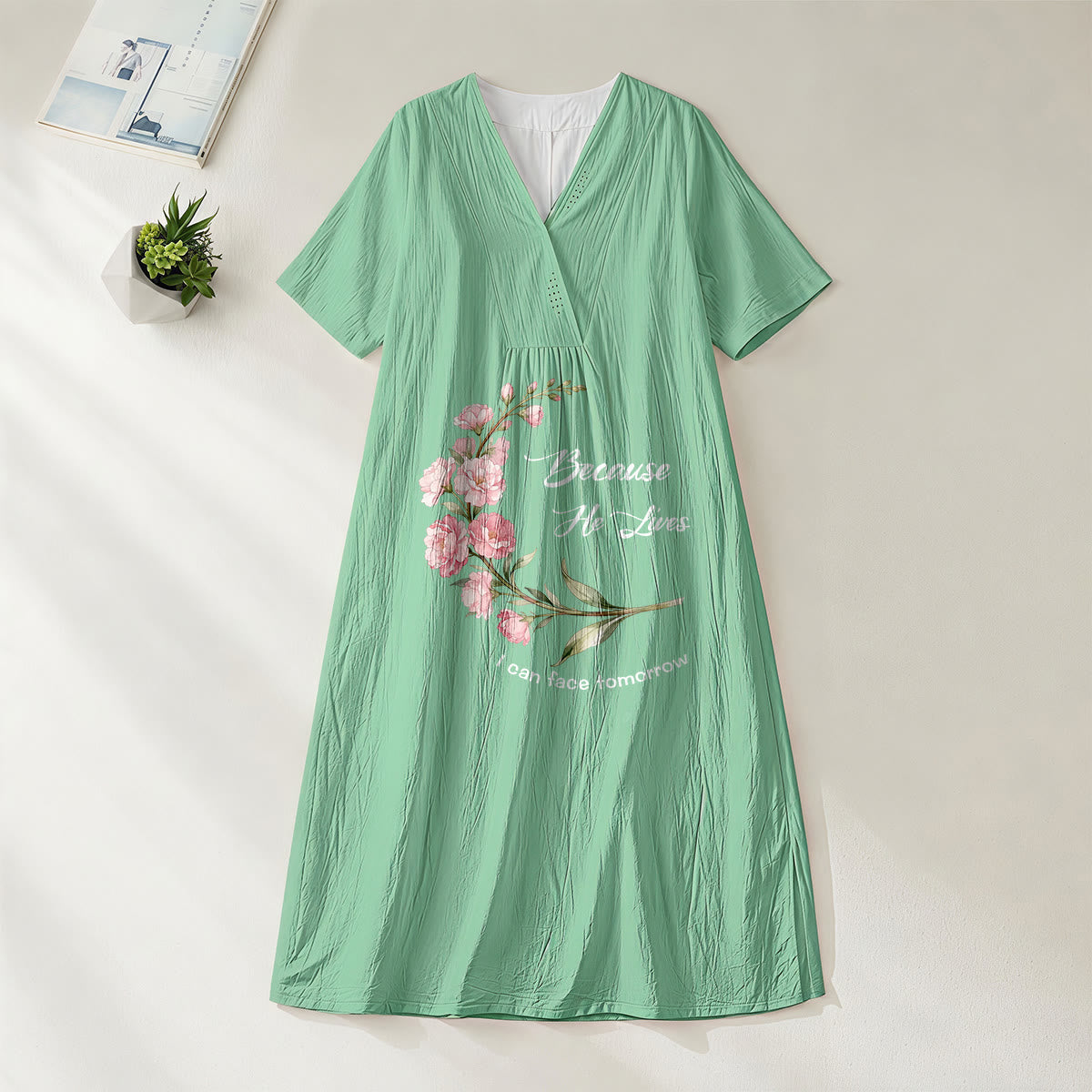 Christianartworkshop "Because He Lives I Can Face Tomorrow" Floral Branch Print V-Neck Short Sleeve Midi Dress