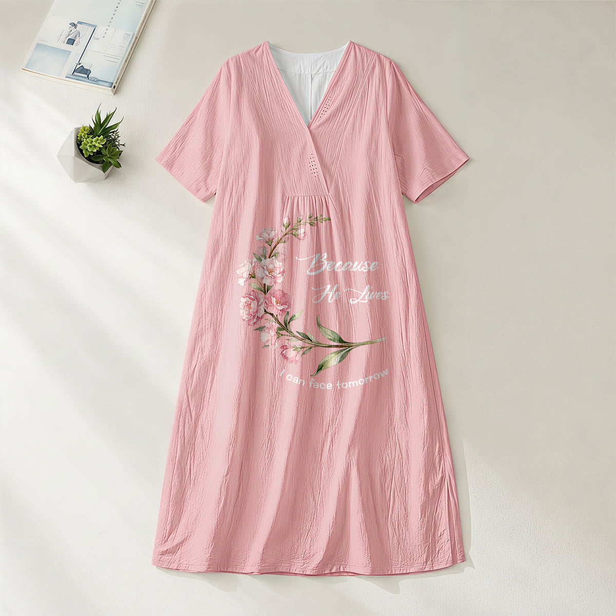 Christianartworkshop "Because He Lives I Can Face Tomorrow" Floral Branch Print V-Neck Short Sleeve Midi Dress