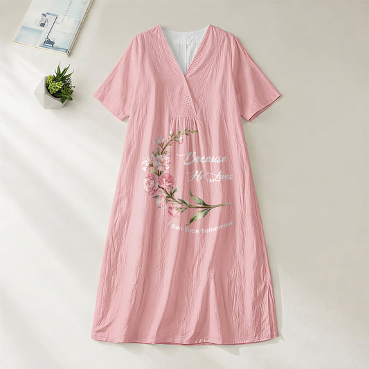Christianartworkshop "Because He Lives I Can Face Tomorrow" Floral Branch Print V-Neck Short Sleeve Midi Dress