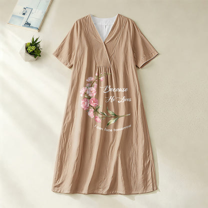 Christianartworkshop "Because He Lives I Can Face Tomorrow" Floral Branch Print V-Neck Short Sleeve Midi Dress