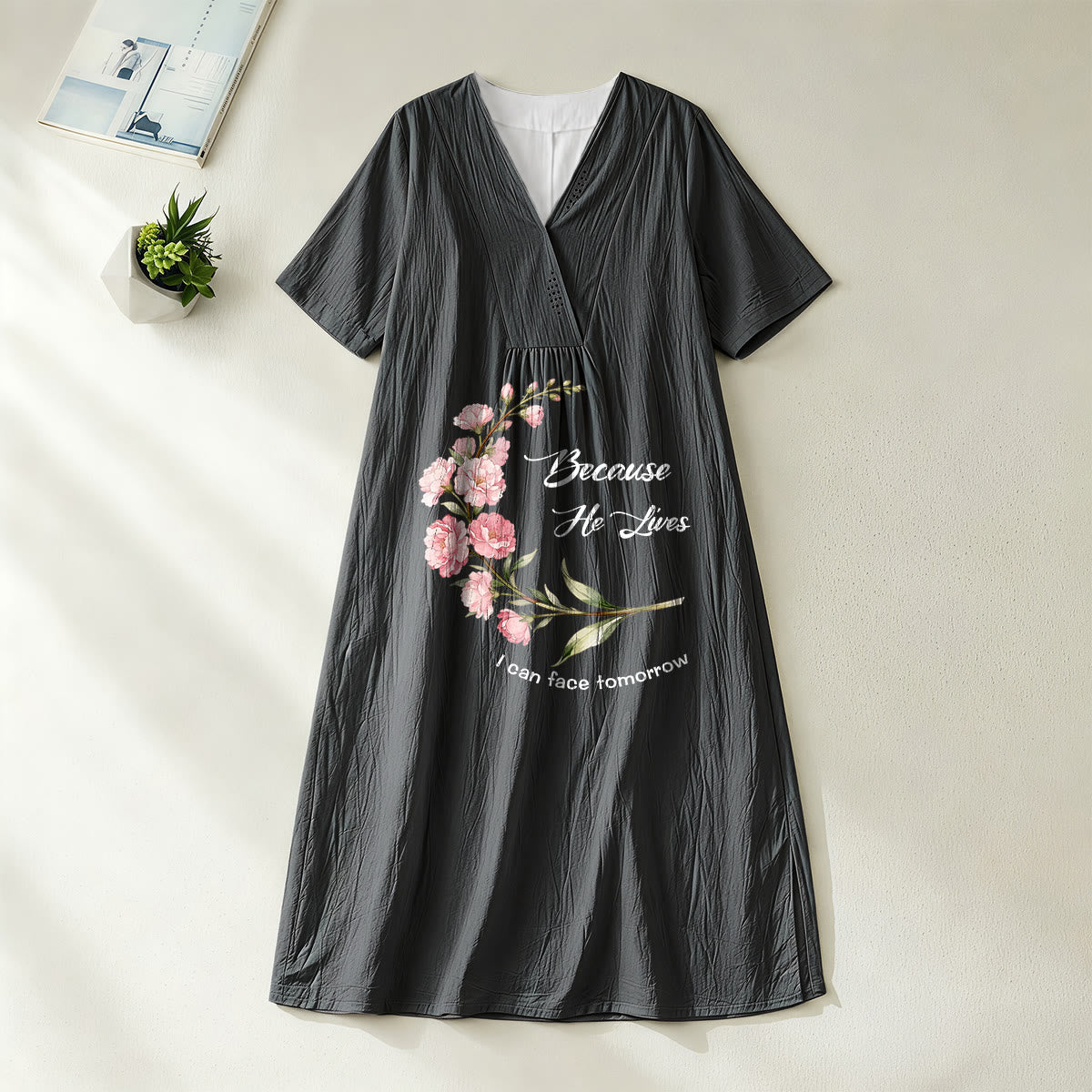 Christianartworkshop "Because He Lives I Can Face Tomorrow" Floral Branch Print V-Neck Short Sleeve Midi Dress