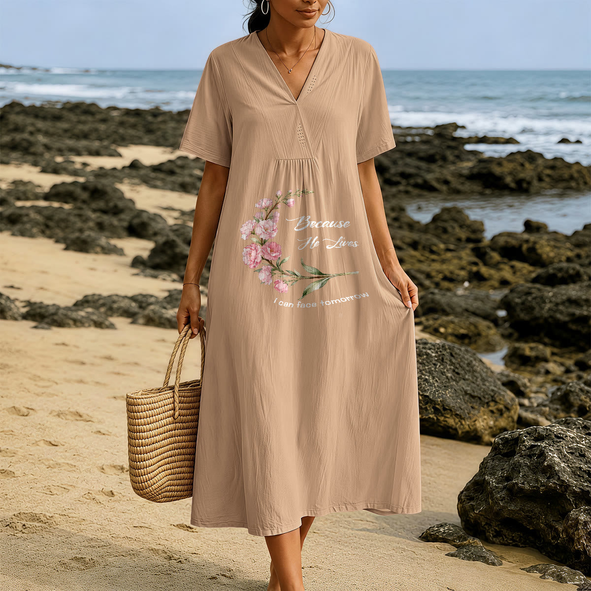 Christianartworkshop "Because He Lives I Can Face Tomorrow" Floral Branch Print V-Neck Short Sleeve Midi Dress