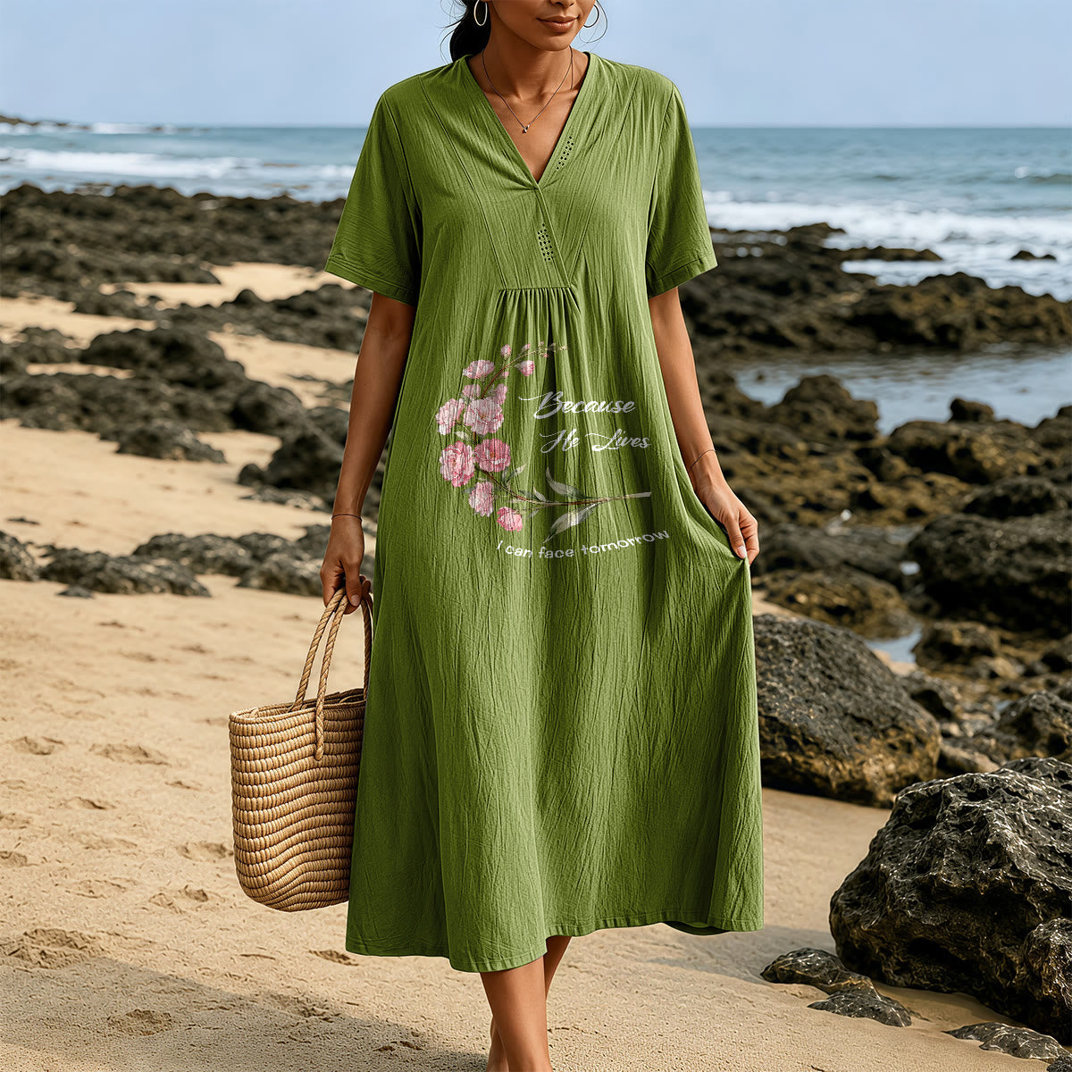 Christianartworkshop "Because He Lives I Can Face Tomorrow" Floral Branch Print V-Neck Short Sleeve Midi Dress